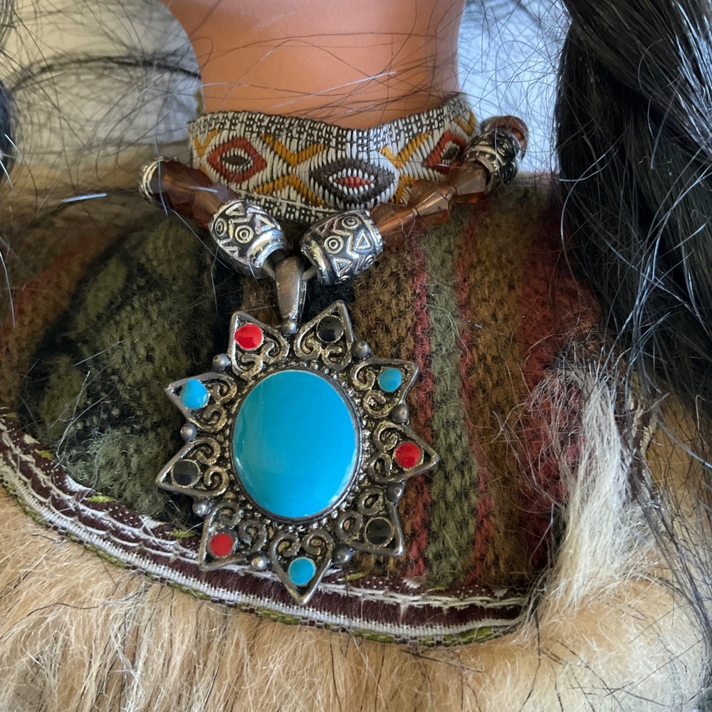 VTG Native American Porcelain Doll 16" Faux Fur Turquoise Pendant Southwest Deco - Picture 10 of 12